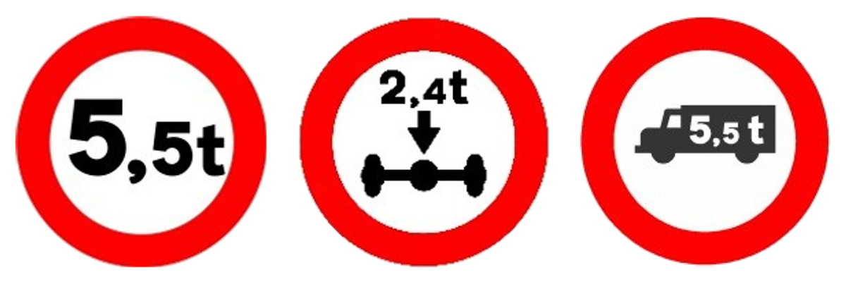 Las señales de limitación de masa, de limitación de masa por eje y de entrada prohibida a vehículos de transporte de mercancías con mayor masa autorizada