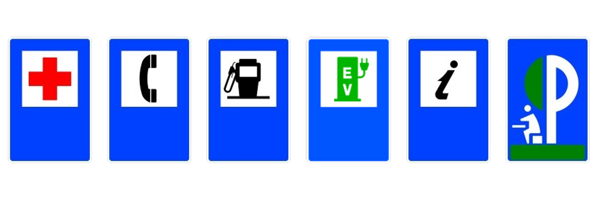 Las señales de puesto de socorro, teléfono, surtidor de carburante, estación de recarga eléctrica, información turística y área de descanso