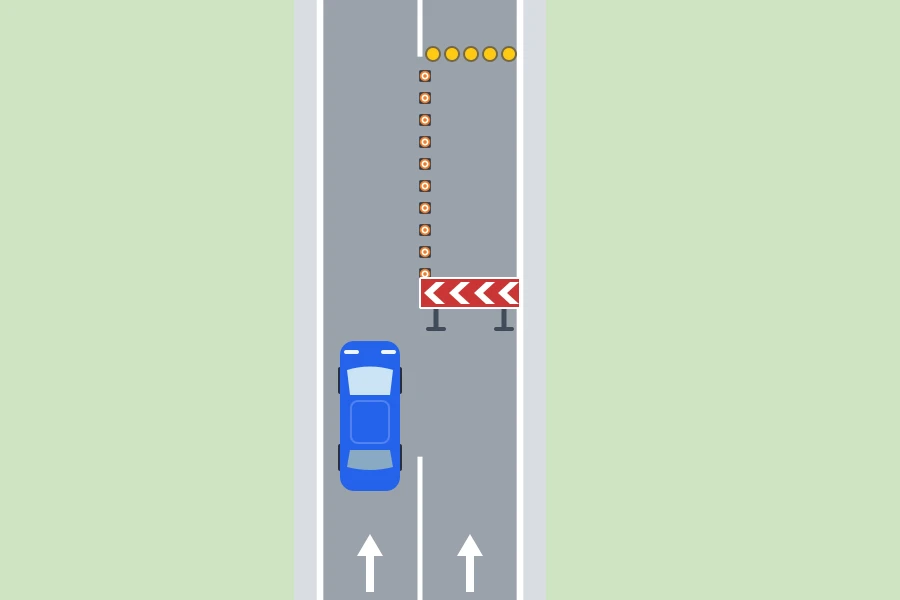 Esquema visto desde arriba de un carril de autovía cerrado por obras: un panel direccional provisional al principio, balizas de borde a lo largo y una fila de luces amarillas al final, mientras un coche sigue por el carril abierto