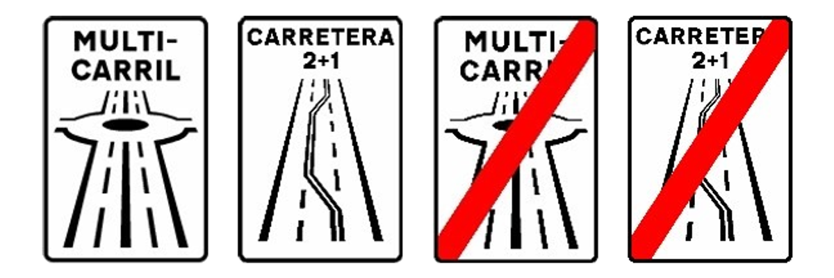 Carretera multicarril, carretera 2+1, fin de carretera multicarril y fin de carretera 2+1.