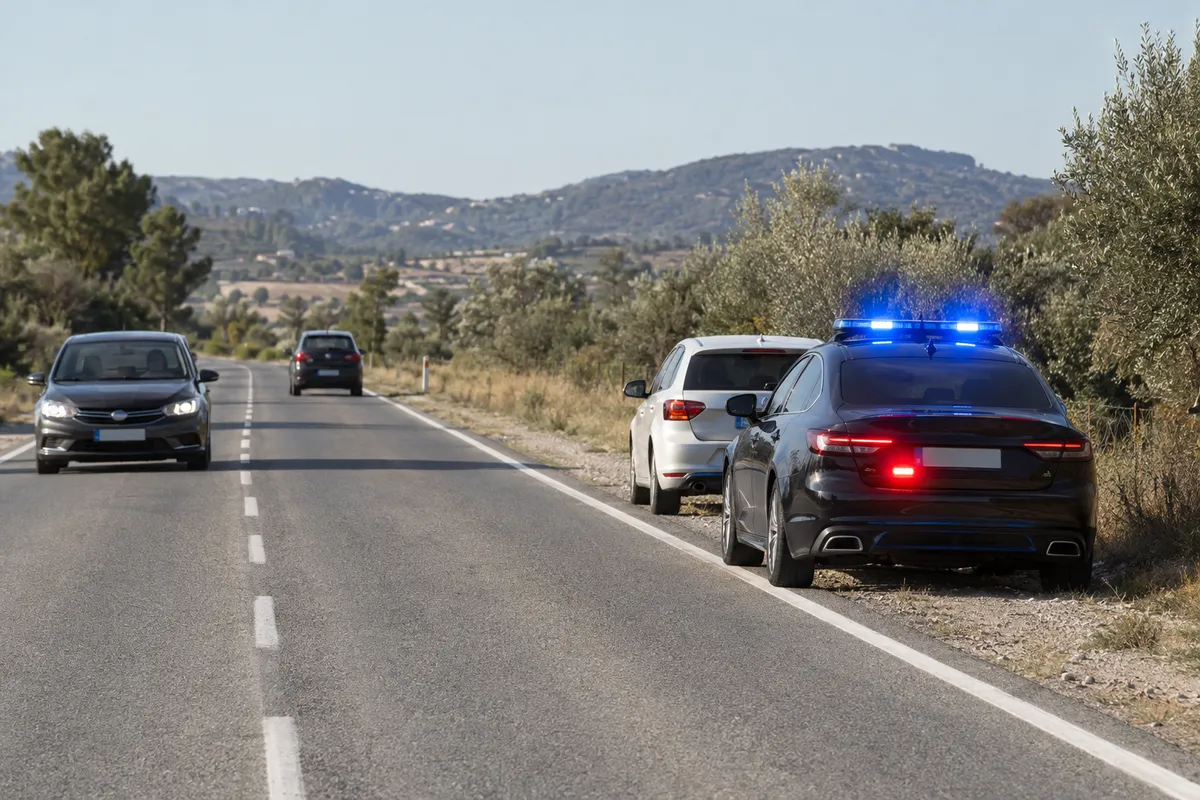 Tras recibir el aviso, el conductor se detiene a la derecha, delante del coche policial, y espera dentro.