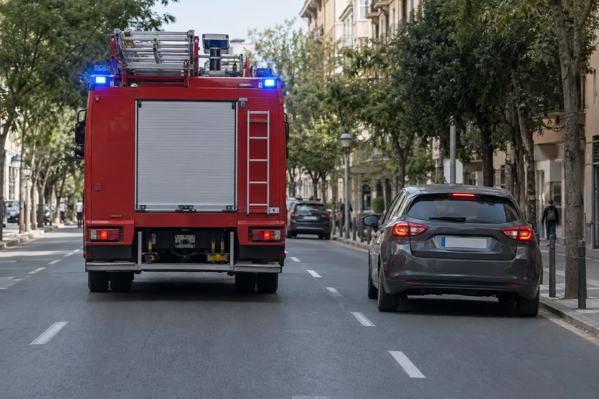El coche se acerca a la derecha y deja espacio al camión de bomberos que viene detrás.