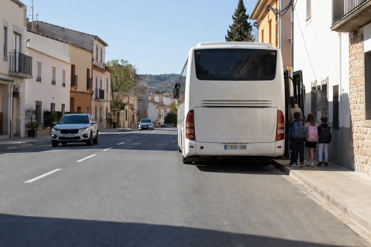 Un autobús escolar parado junto a la acera, con niños en el bordillo y la calzada libre.