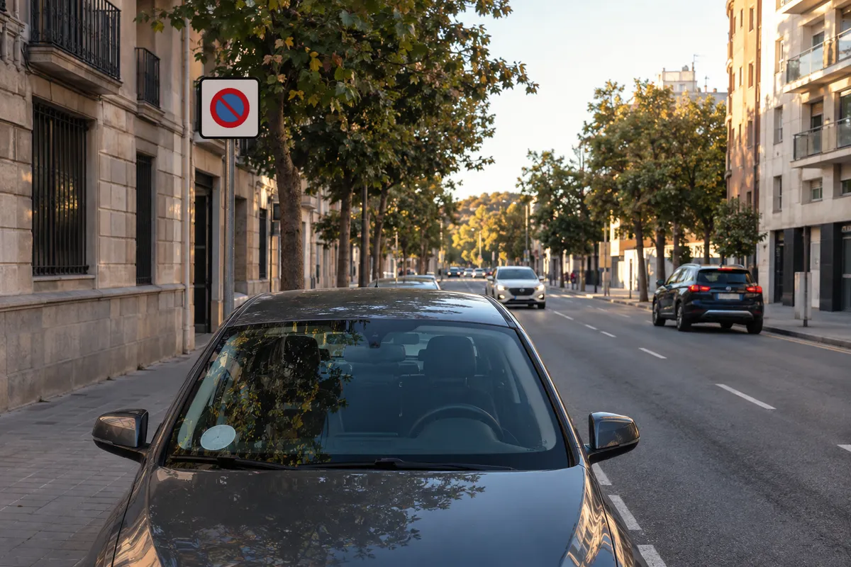 El distintivo sigue en el parabrisas de un coche que permanece aparcado en la zona limitada.