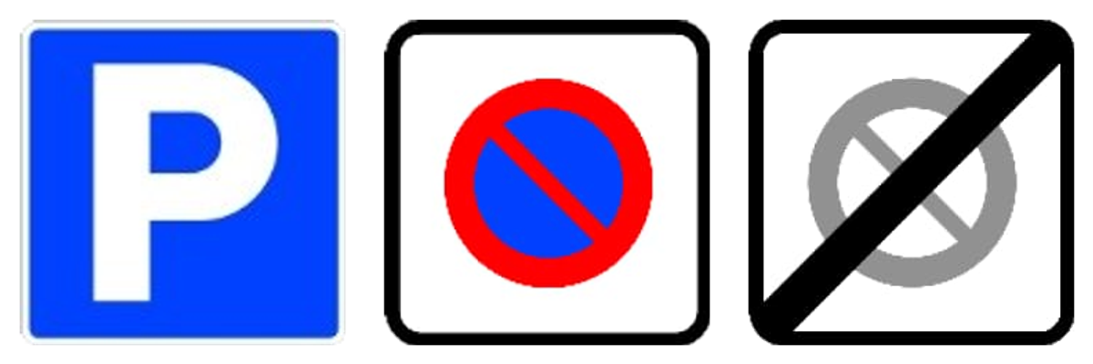 Estacionamiento, zona de estacionamiento limitado y fin de zona de estacionamiento limitado.