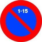 Señal: Estacionamiento prohibido la primera quincena: desde las 9 horas del día 1 hasta las 9 horas del día 16