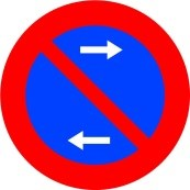 Señal: Estacionamiento prohibido hacia ambos lados de la señal: entre las intersecciones o las señales de flecha más próximas a cada lado; no prohíbe la parada