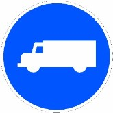 Señal: Calzada obligatoria para camiones, tractocamiones y furgones o furgonetas: obligación de circular por la calzada a cuya entrada está situada, independientemente de la masa; con una cifra de tonelaje, solo si la masa máxima autorizada la supera