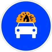 Señal: Calzada obligatoria para vehículos que transporten mercancías explosivas e inflamables: obligación para los conductores de toda clase de vehículos que transporten mercancías explosivas o fácilmente inflamables y requieran estar señalizados de acuerdo con su normativa específica de circular por la calzada a cuya entrada esté situada
