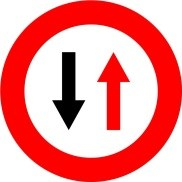 Señal: Prioridad del sentido contrario: prohibido entrar en un paso estrecho mientras no sea posible atravesarlo sin obligar a detenerse a los vehículos del sentido contrario