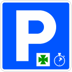 Señal: Estacionamiento de necesidad: lugar donde está autorizado el estacionamiento únicamente para un fin concreto (acceso a una farmacia, hospital, etc.), cuyo pictograma figura en la señal, y durante un tiempo determinado, que indica un panel complementario