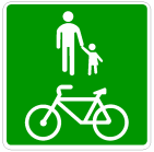 Señal: Senda ciclopeatonal: vía para peatones, ciclos y, en su caso, VMP, segregada del tráfico motorizado; con personas caminando, los ciclos y los VMP reducen la velocidad, y los peatones les facilitan el paso