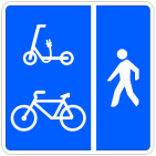 Señal: Vía reservada para ciclos, vehículos de movilidad personal y peatones, con espacio de circulación diferenciado entre los dos primeros y los terceros: vía destinada a la circulación de ciclos, vehículos de movilidad personal y peatones, con espacio diferenciado entre los dos primeros y los terceros; el diseño de la señal puede adaptarse a la situación real de los espacios