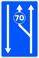 Señal: Carriles reservados en función de la velocidad señalizada: ampliación de un carril por la izquierda, en calzada de doble sentido, que solo pueden usar los vehículos que circulen a la velocidad indicada o a más; su final lo marca la señal de fin de velocidad mínima o la de final de carril correspondiente