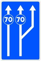 Señal: Carriles reservados en función de la velocidad señalizada: ampliación de un carril por la derecha, en calzada de un único sentido; los carriles con la señal de velocidad mínima solo pueden usarlos los vehículos que circulen a la velocidad indicada o a más; su final lo marca la señal de fin de velocidad mínima o la de final de carril correspondiente