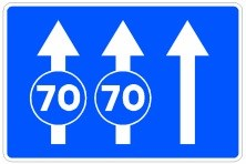 Señal: Carriles reservados en función de la velocidad señalizada: en calzada de un único sentido, los carriles con la señal de velocidad mínima solo pueden usarlos los vehículos que circulen a la velocidad indicada o a más; su final lo marca la señal de fin de velocidad mínima o la de final de carril correspondiente