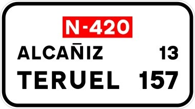Señal: Confirmación de poblaciones en un itinerario por carretera convencional o multicarril: destinos de referencia del itinerario con la distancia en kilómetros a cada uno