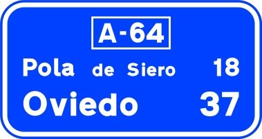 Señal: Confirmación de poblaciones en un itinerario por autopista o autovía: nombres de poblaciones de ese itinerario y distancias en kilómetros
