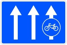 Señal: Vía reservada y obligatoria para ciclos adosada a calzada de un único sentido de circulación: en calzadas de un único sentido, los conductores de ciclos están obligados a circular por el carril donde está la señal y los demás usuarios tienen prohibido utilizarlo; las flechas indican el número de carriles de la calzada