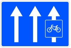 Señal: Vía reservada para ciclos adosada a calzada de un único sentido de circulación: en calzadas de un único sentido, el carril donde está la señal está reservado a la circulación de ciclos y prohibido a los demás usuarios; las flechas indican el número de carriles de la calzada