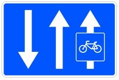 Señal: Vía reservada para ciclos adosada a calzada de doble sentido de circulación: en calzadas de doble sentido, el carril donde está la señal está reservado a la circulación de ciclos y prohibido a los demás usuarios; las flechas indican el número de carriles de la calzada y el sentido de circulación